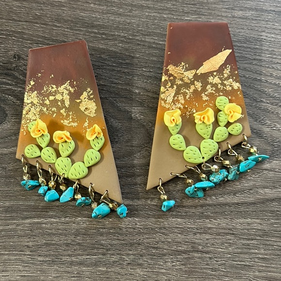 Custom Handmade Clay Cactus Earrings with Beads - Picture 1 of 2